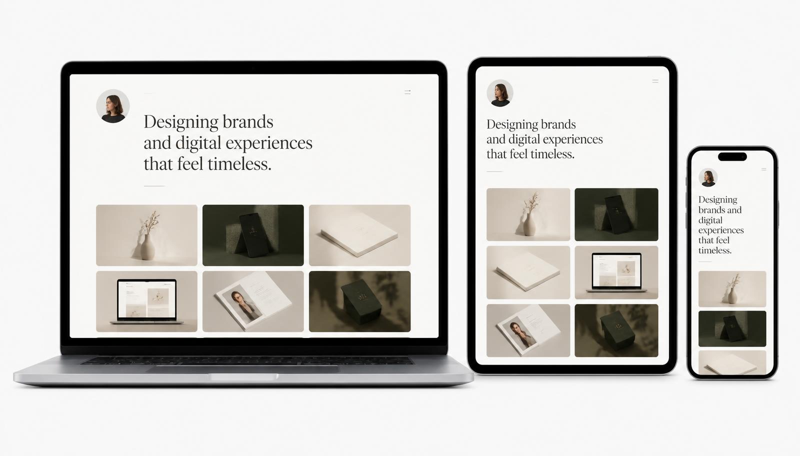 A designer portfolio built with Document Portfolio shown on laptop, tablet and mobile
